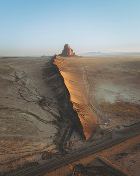 Aerial view of the famous monadnock Shiprock, Navajo Nation, San Juan County, New Mexico, United States.