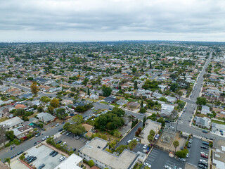 Aerial view of house with gray sky in La Mesa City in San Diego, California, USA
