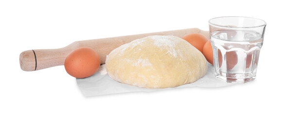 Cooking scones with soda water. Dough and ingredients isolated on white