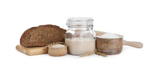Freshly baked bread, sourdough and other ingredients on white background