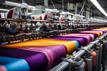 The modern textile factory weaves a variety of fabrics for fashion and home use. Generative AI - obrazy, fototapety, plakaty