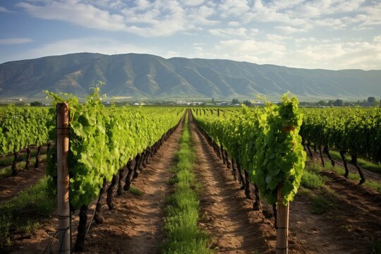 The expansive vineyard basks under the summer sun, producing high-quality grapes for wine production.  Generative AI