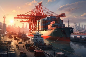 A bustling seaport docks a large cargo ship, unloading containers filled with goods. Generative AI