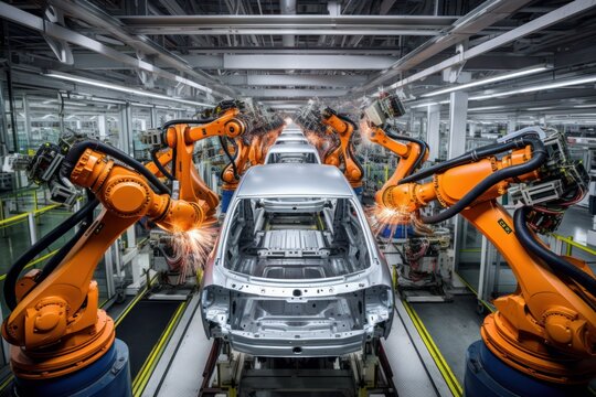 At the sprawling automobile factory, skilled workers assemble cars on an automated assembly line. Generative AI