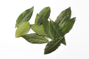 Aromatic fresh bay leaves on white background, top view