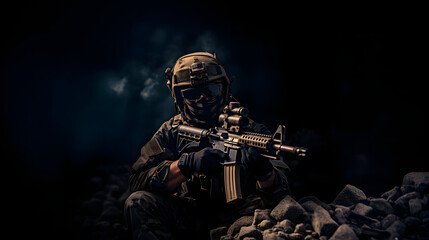 Armeesoldat in Kampfuniform mit Sturmgewehr, Plattenträger und Kampfhelm trägt, Shemagh Kufiya-Schal um den Hals. Studioaufnahme, dunkler Hintergrund,  Generative AI