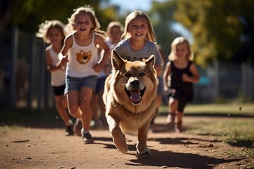 Joyful Sprint: Children and Dog Running in the Park - obrazy, fototapety, plakaty