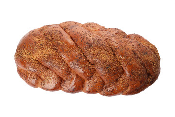 Tasty braided bread isolated on white, top view. Fresh pastry