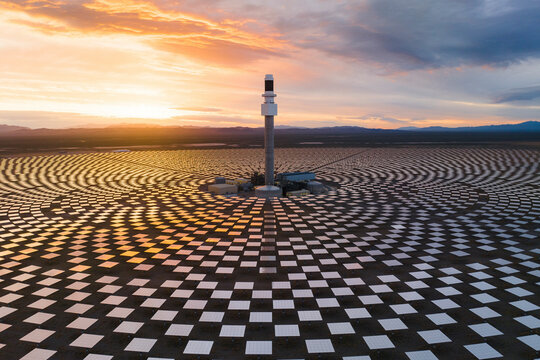 Aerial view of a solar thermal power plant, near Tonopah, Nevada, United States.