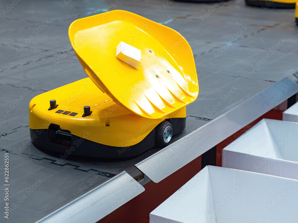 Poster sorting warehouse robot. automated guided vehicles. robot delivers box to storage location. agv tech