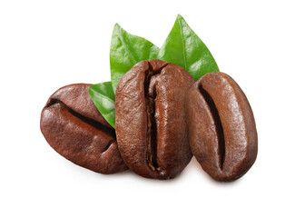 Fresh roasted coffee beans and leaves on white background