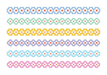 A set of pattern border line graphic illustrations in a combination of cute, colorful, abstract, geometric shapes. 