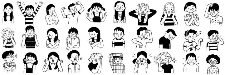 Children's emotion expression bundle set. Hand drawn, doodle illustration in black and white, ink style. Various character, diversity, multi-ethnic. Outline, linear, thin line art.  - obrazy, fototapety, plakaty
