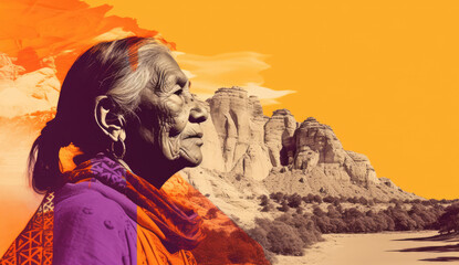 Colorful collage of senior Native American Indian woman and southwest desert canyon