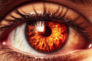 Foto op Plexiglas a close-up beautiful eye of a female person. burning glowing fire in the eye iris. Generative AI © SayLi