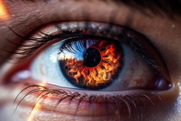 a close-up beautiful eye of a female person. burning glowing fire in the eye pupil. Generative AI