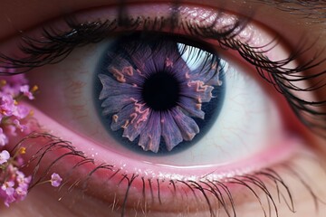 a close-up beautiful purple eye of a female person. natural growing floral pink and purple flowers...