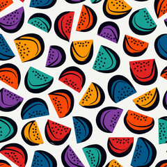 Red ripe juicy watermelon pieces seamless pattern. Summer fruits slices freehand background. Hand drawn simple ornament. Sketch, doodle style funny print