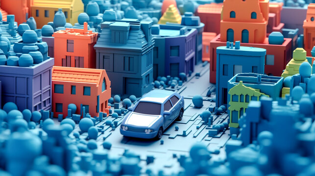 building town architecture isometric car street house illustration cartoon city. Generative AI.