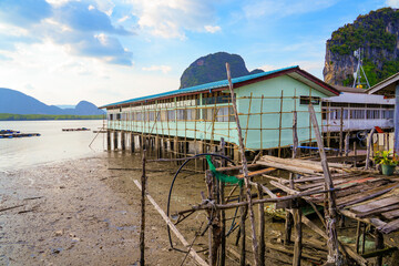 Bamboo scaffholding on a house on stilts in the floating fishing village of Koh Panyee, suspended over the waters of the Andaman Sea in the Phang Nga Bay, Thailand