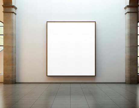Gallery interior with a blank frame, mockup of a painting on a museum, Generative AI