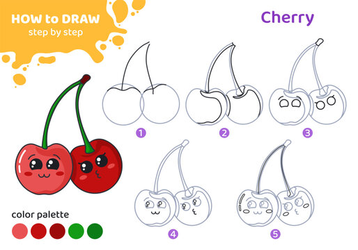 Drawing tutorial for kids. Education worksheet. How to draw cherry. Step by step. Graphic task for preschool and school children with color palette. Art with berry. Vector illustration. 