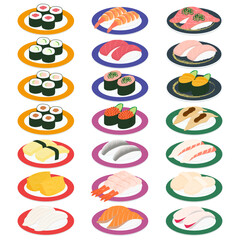 回転寿司の寿司皿のイラストセット