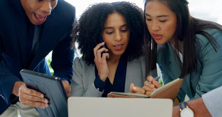 Timelapse, multitask and a business woman with stress in the office trying to juggle tasks or deadlines. Technology, communication and burnout with an overworked female manager in the workplace