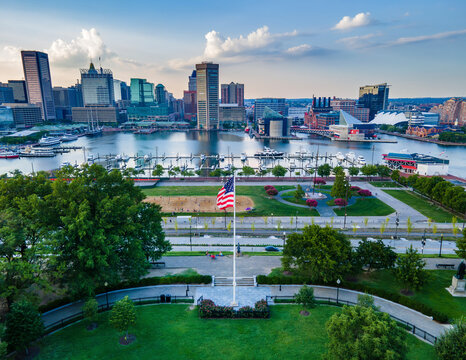 Aerial View of downtown and the Inner Harbor taken from Federal Hill in Baltimore, Maryland, United States.