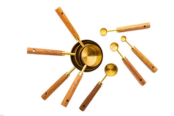Copper Measuring spoon set with Wooden Handles on white background.