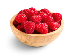 Wooden bowl with fresh raspberries on white background