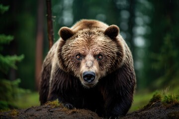 Frightening grizzly bear walking under the rain in the wild forest