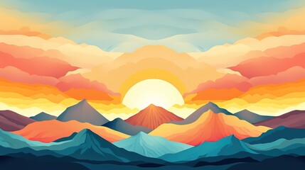 Flat design colorful background with sun hiding behind mountains