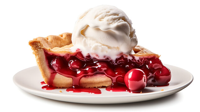 summer time cherry pie with a scoop of ice cream  isolated on a white background with copy space	