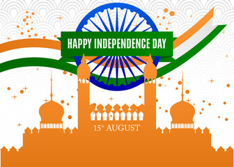 Indian Independence Day background with flag tricolor, green, orange and white. Patriotism template, greeting card, poster, Happy India Freedom celebration.