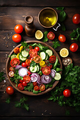 Fototapeta na wymiar Top view of fresh salad on a rustic table, exemplifying healthy recipes and diets