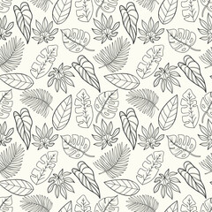 Hand drawn seamless pattern background with tropical leaves