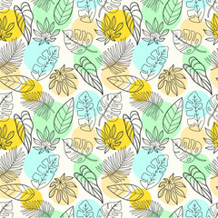 Hand drawn seamless pattern background with colored tropical leaves