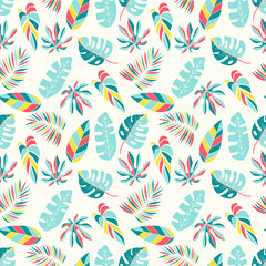 Seamless tropical pattern with colored tropical leaves