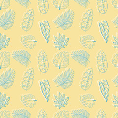 Sketchy summer pattern with tropical leaves