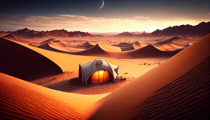 Camping tent high in the mountains at sunset. banner with copy space Ai generated image