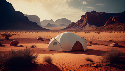 Fototapeta na wymiar Camping tent high in the mountains at sunset. banner with copy space Ai generated image