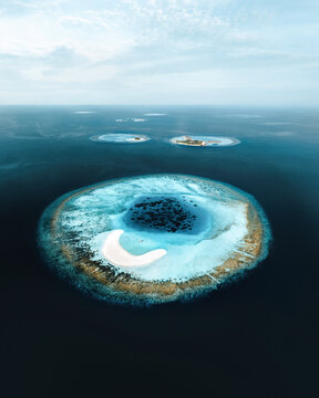 Panoramic aerial view of South Ari Atoll, Maldives.