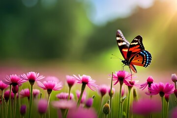 Fototapeta na wymiar Multi colored butterfly flies among vibrant nature beauty