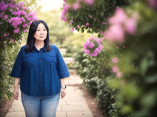 Fototapeta premium chubby curvy middle aged woman at the fresh green park, generative AI