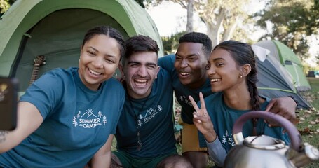 Happy, people together and selfie on camping, adventure or campers on a holiday with smile for social media blog or memory. Phone, group and happiness for hiking, trekking or team building experience