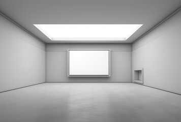 Empty White Screen in an Empty Industrial Setting Concrete Room Skylight No Windows Flourescent and Natural Light All White Room