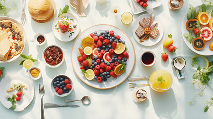 Overhead view of communal breakfast scene, highlighting shared meals in morning sunlight - obrazy, fototapety, plakaty