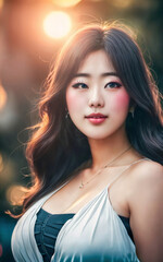 Fototapeta premium portrait photo of cute woman at city street, generative AI