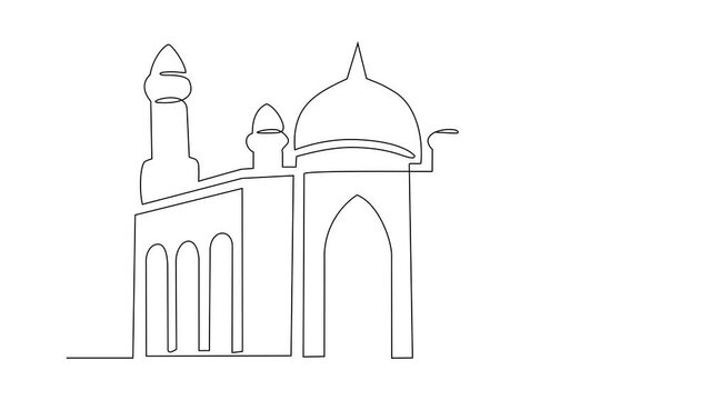 Animated self drawing of a mosque. Design of moslem place praying concept illustration in simple linear animation. Ramadan kareem and eid mubarak concept design with full length animation.